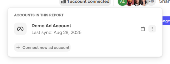 The ad accounts menu of a report, listing Demo Ad Account under Accounts in this report with its last sync date, and the Connect new ad account button.
