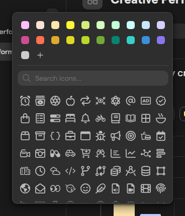 The report icon picker, with a row of colors, the Search icons field and a grid of icons.