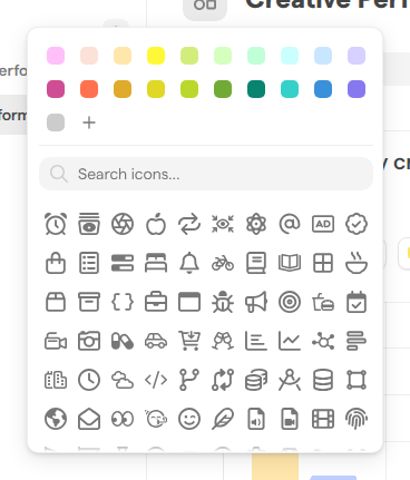 The report icon picker, with a row of colors, the Search icons field and a grid of icons.
