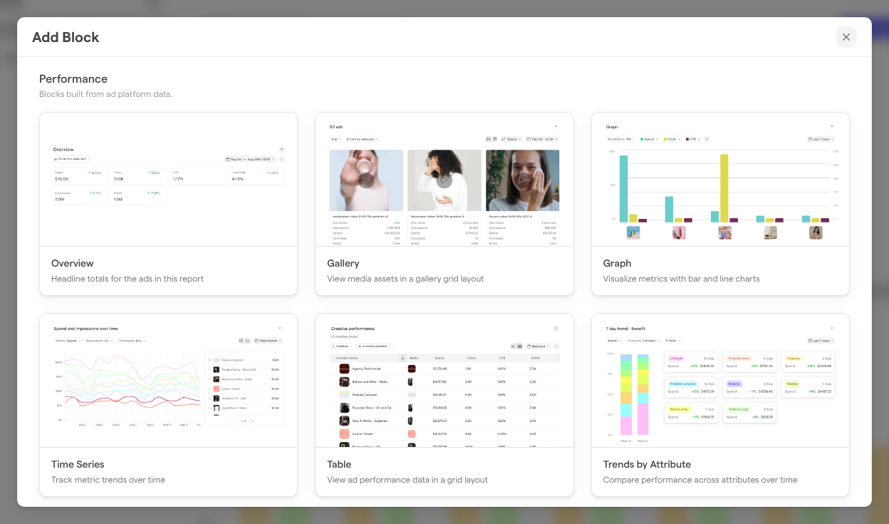 The Add Block window with the block cards of the Performance group.