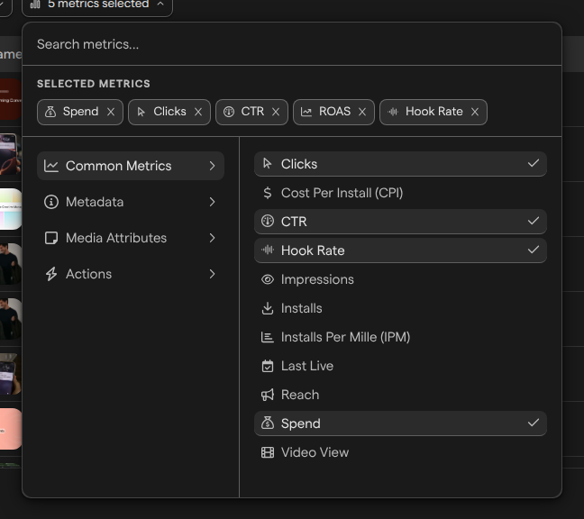 The metrics picker of a Table block, with the selected metrics at the top and the Common Metrics group open.