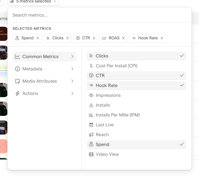 The metrics picker of a Table block, with the selected metrics at the top and the Common Metrics group open.