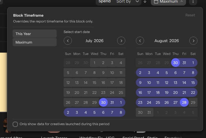 The Block Timeframe popover with quick ranges, a two-month calendar and the launched during this period toggle.