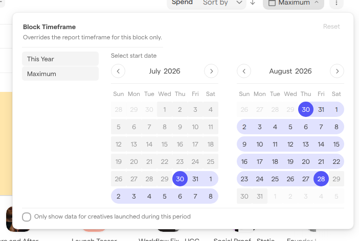 The Block Timeframe popover with quick ranges, a two-month calendar and the launched during this period toggle.