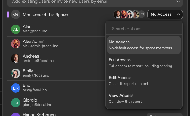 The Members of this Space entry with its access list open, showing No Access, Full Access, Edit Access and View Access with a line describing each.