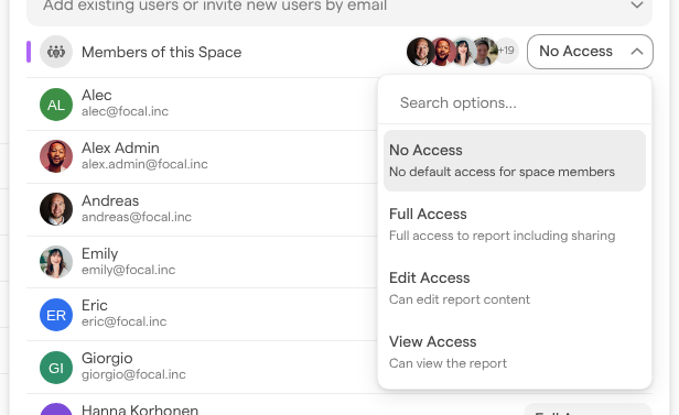 The Members of this Space entry with its access list open, showing No Access, Full Access, Edit Access and View Access with a line describing each.