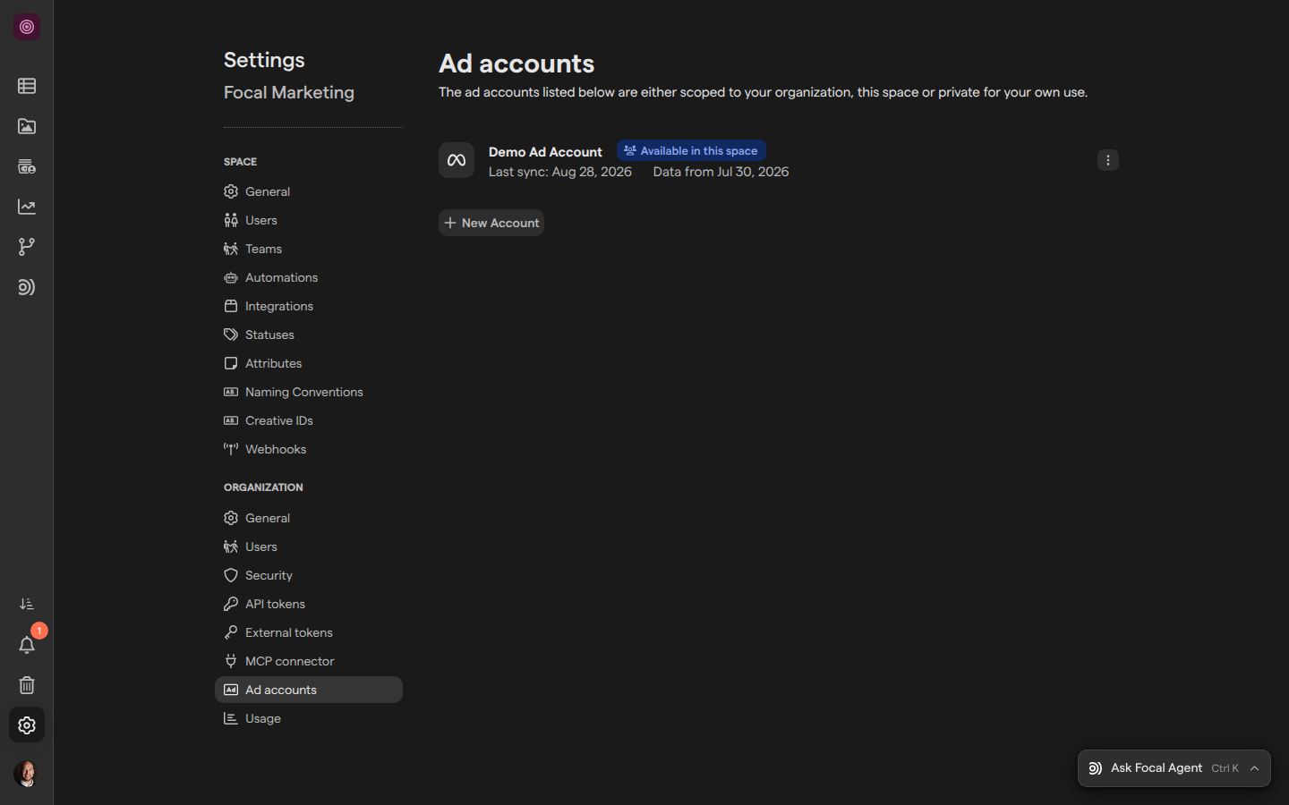 The Ad accounts page of organization settings, listing the Demo Ad Account as available in this space with its last sync date.