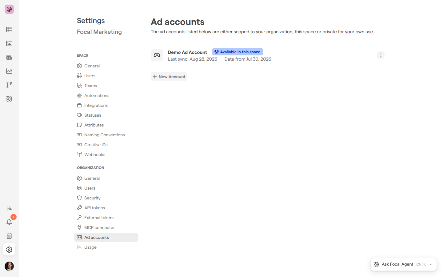 The Ad accounts page of organization settings, listing the Demo Ad Account as available in this space with its last sync date.
