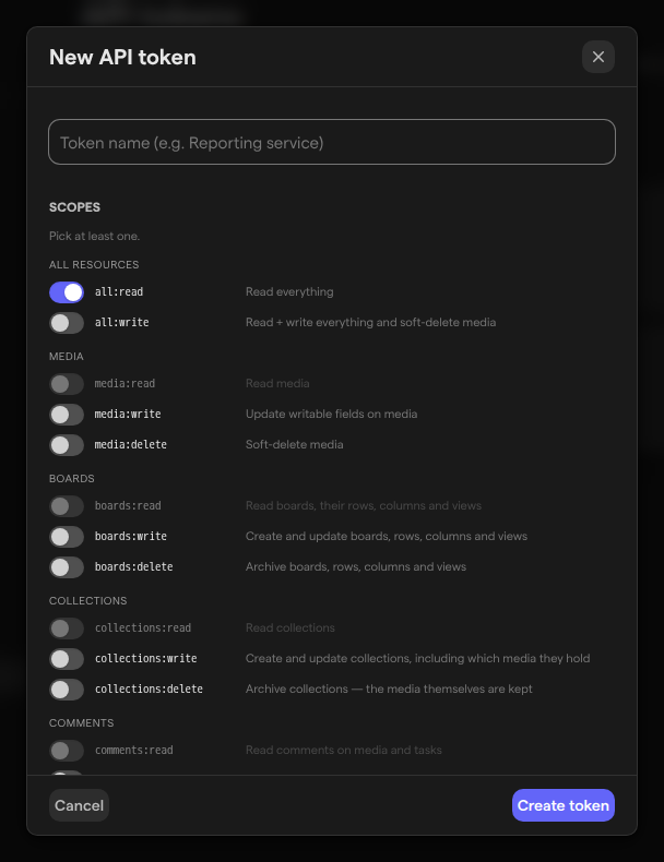 The New API token dialog with the name field and the first scope groups, all switched on and the read scopes it covers greyed out.