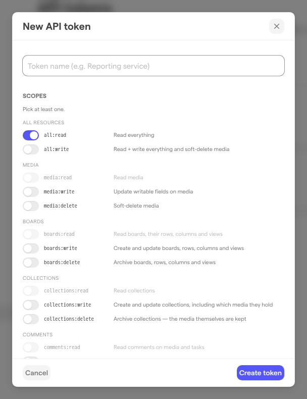The New API token dialog with the name field and the first scope groups, all switched on and the read scopes it covers greyed out.