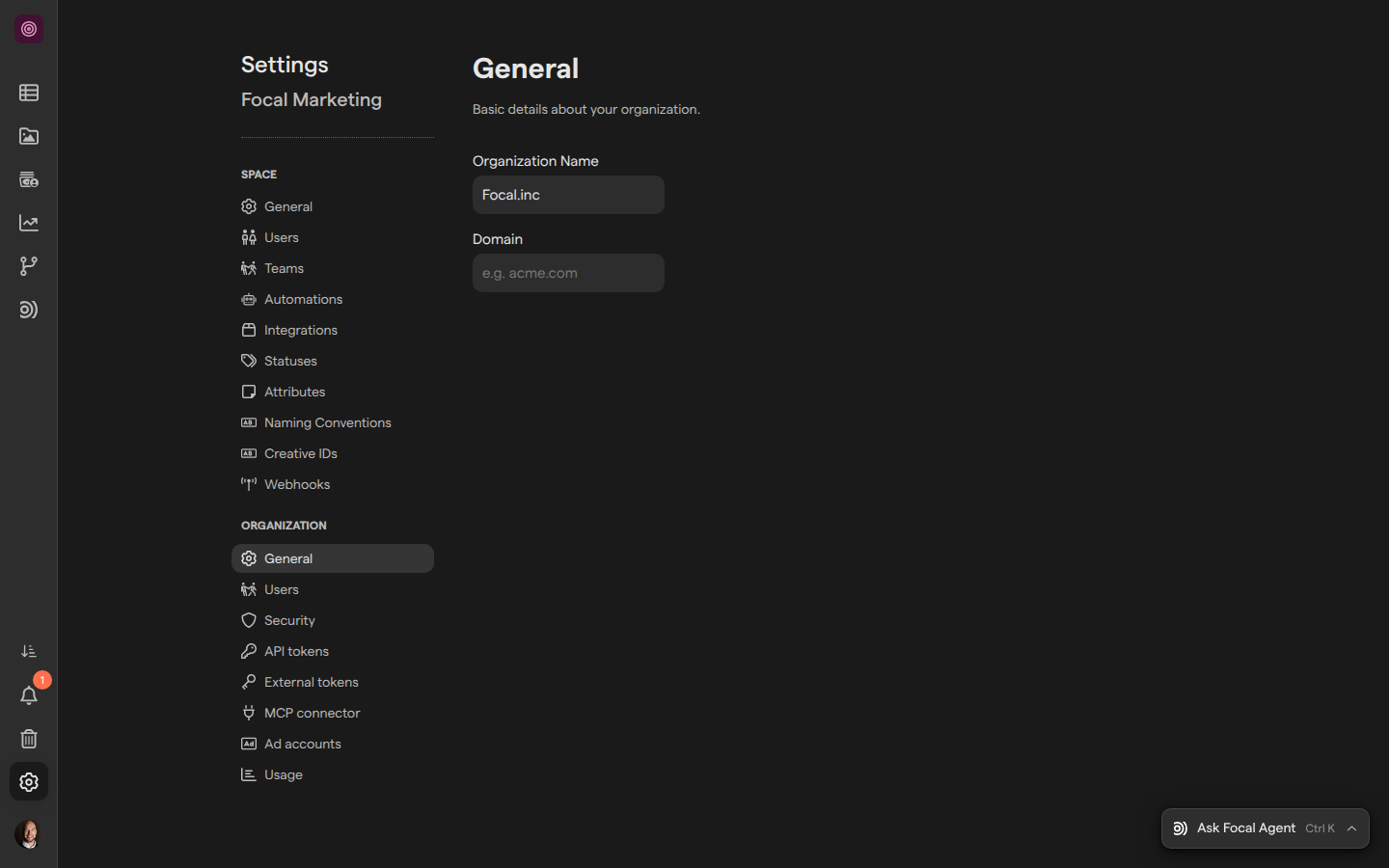 The General page of organization settings, with the Organization Name field set to Focal.inc.