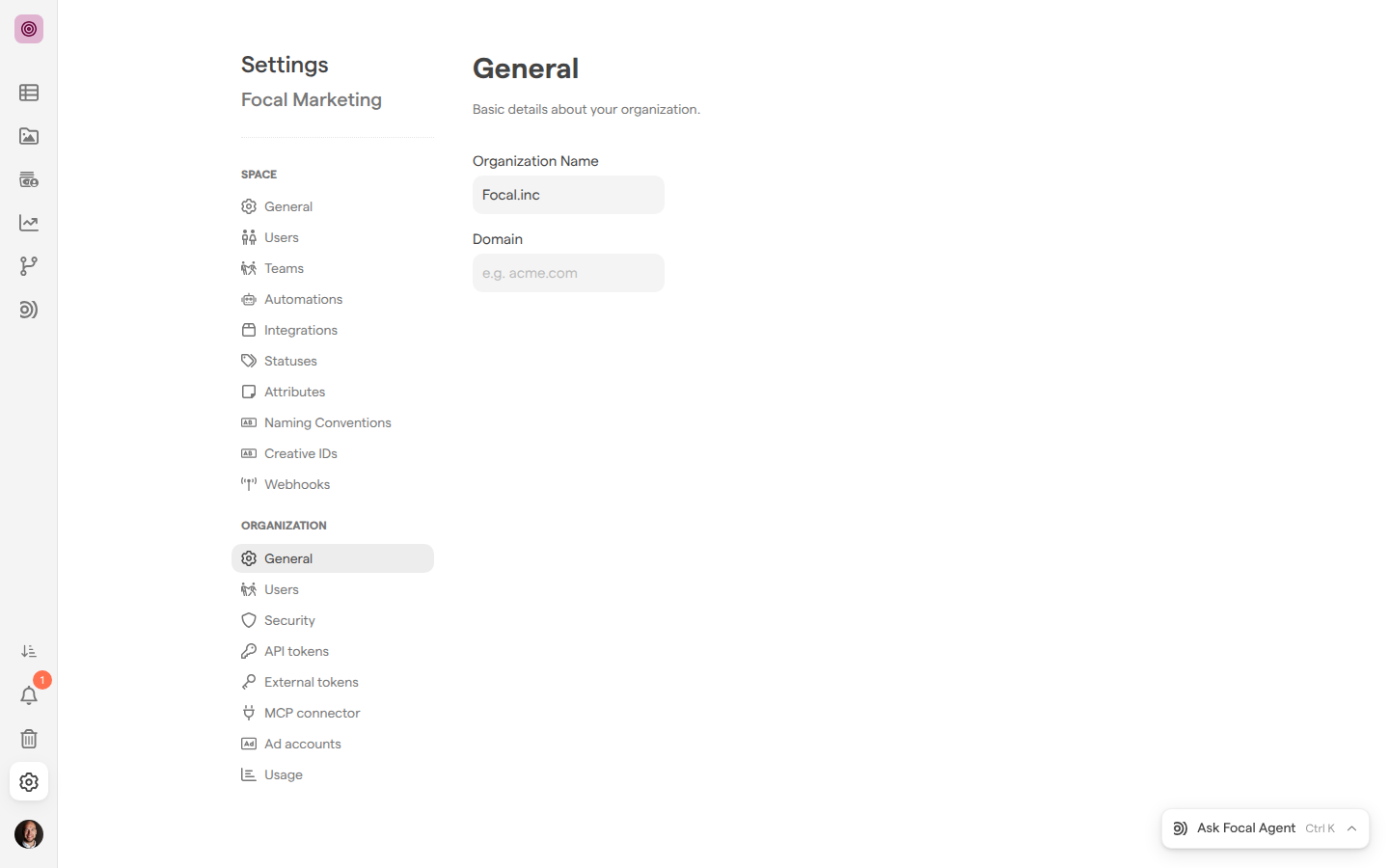 The General page of organization settings, with the Organization Name field set to Focal.inc.