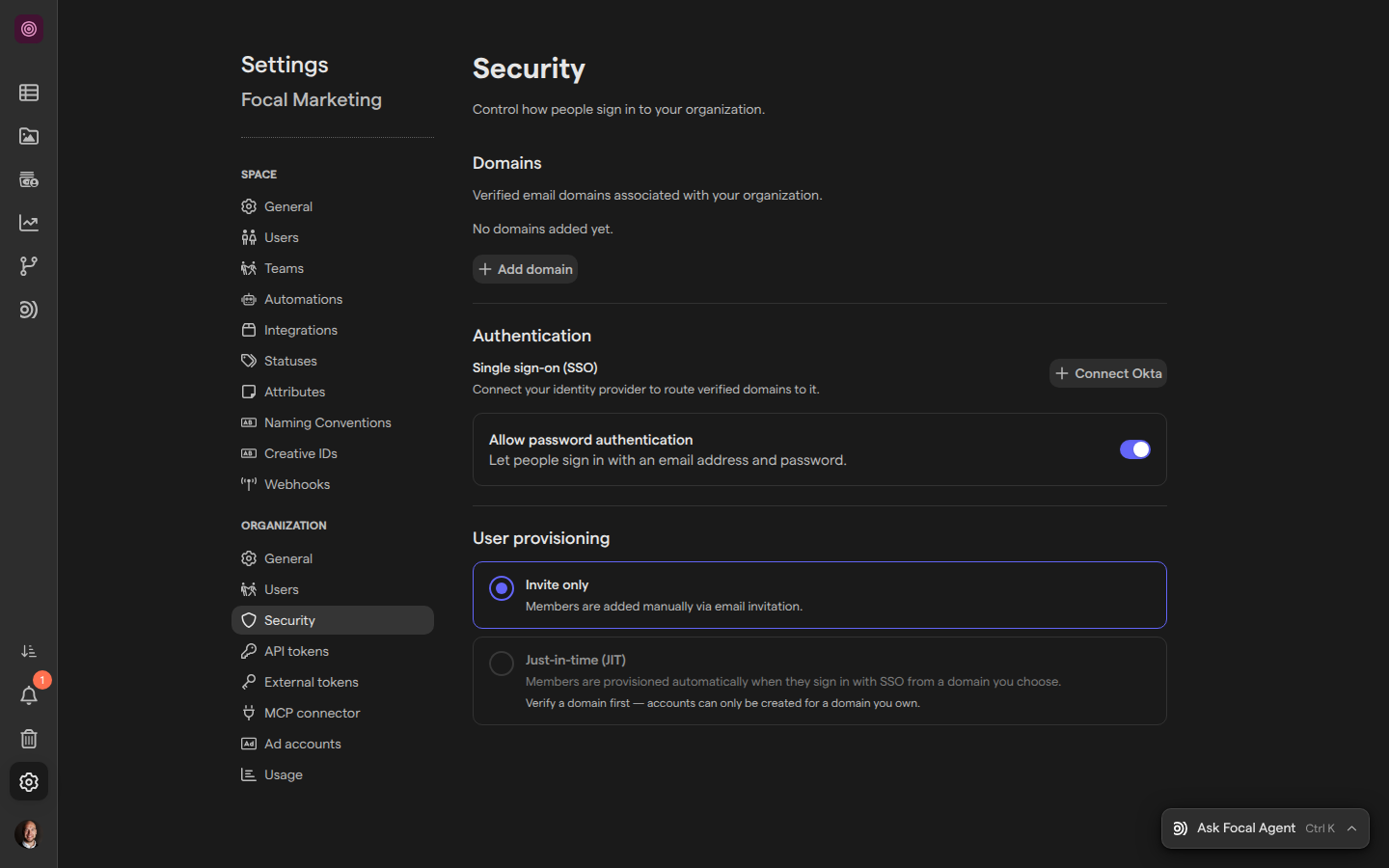 The Security page of organization settings with the Domains, Authentication and User provisioning sections, before any domain is added or Okta is connected.