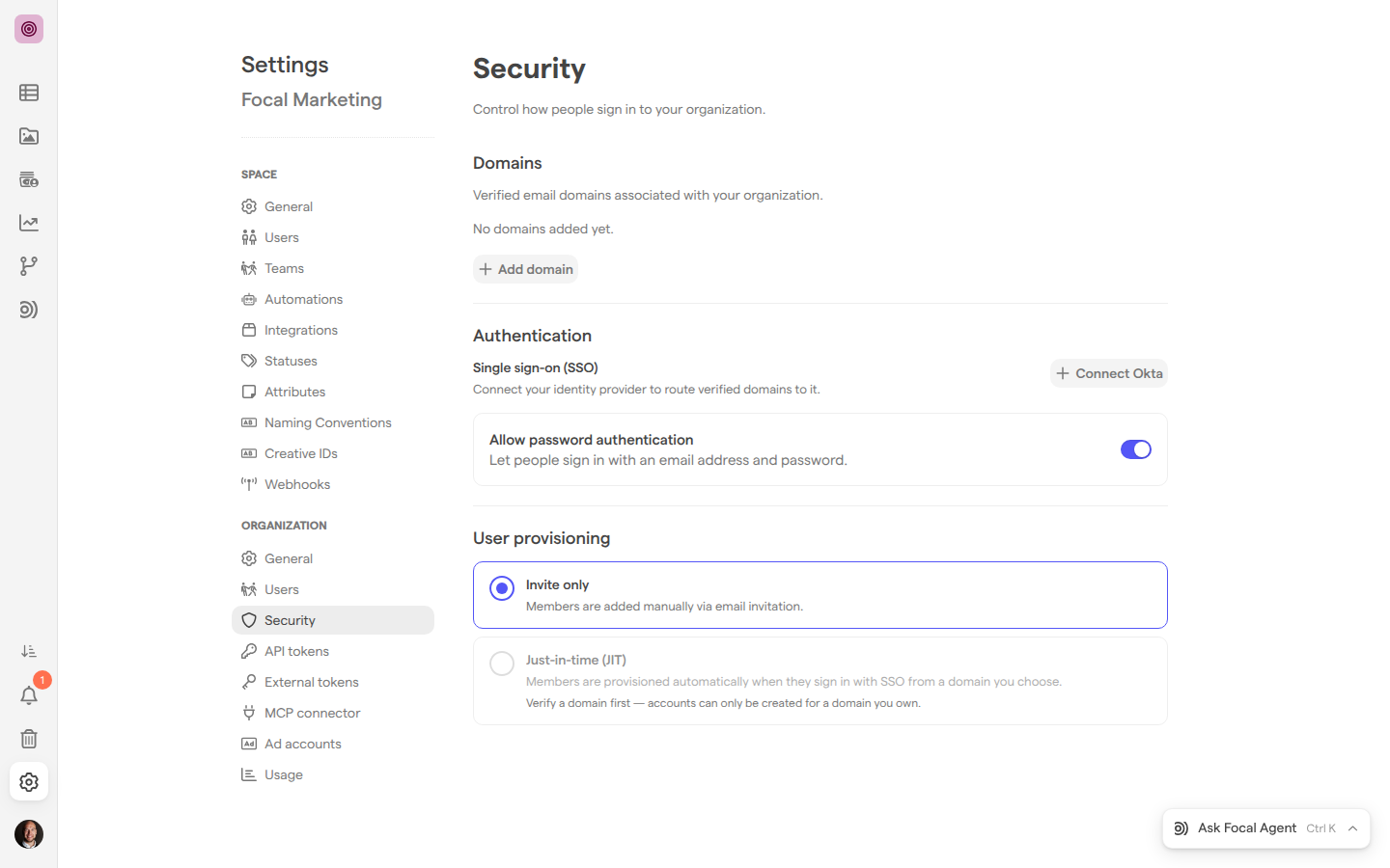 The Security page of organization settings with the Domains, Authentication and User provisioning sections, before any domain is added or Okta is connected.