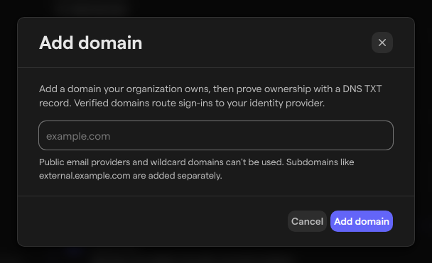 The Add domain dialog with a field for the domain, a note about which domains can’t be used, and the Cancel and Add domain buttons.