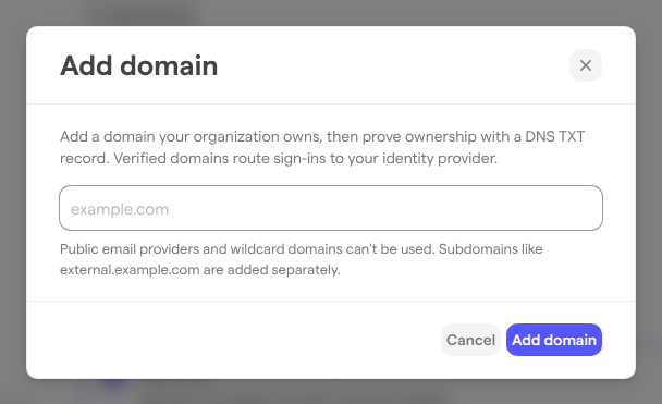 The Add domain dialog with a field for the domain, a note about which domains can’t be used, and the Cancel and Add domain buttons.