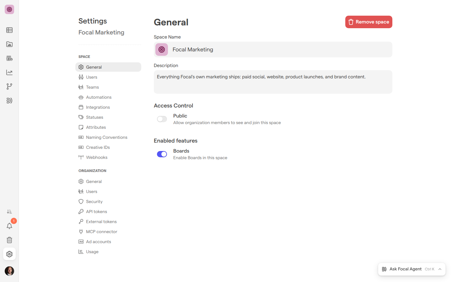 Space Settings of the Focal Marketing space on the General page, with the settings menu listing the Space pages and, below them, the Organization pages.