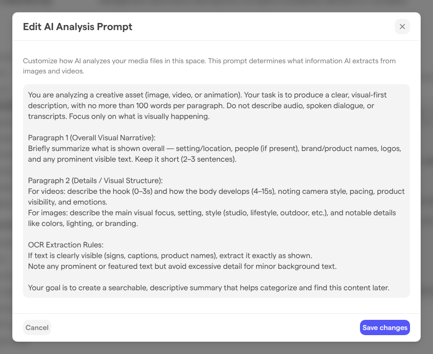 The Edit AI Analysis Prompt dialog, with the default prompt in the text field and the Cancel and Save changes buttons.