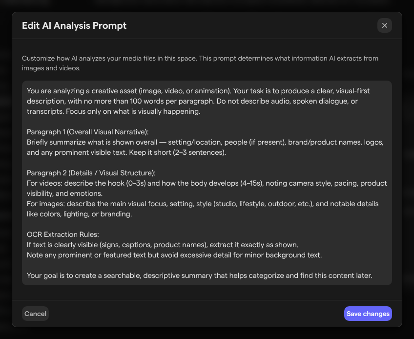 The Edit AI Analysis Prompt dialog, with the default prompt in the text field and the Cancel and Save changes buttons.