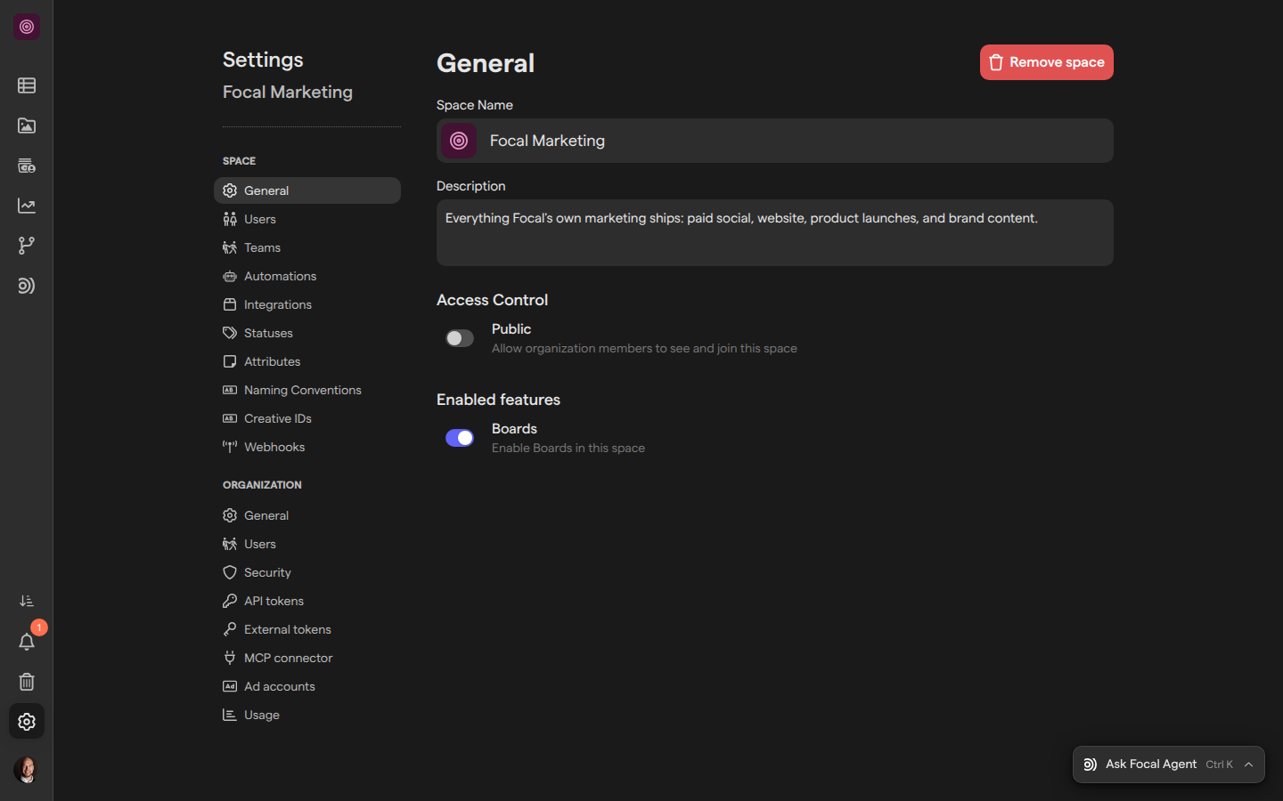 The General page of Space Settings for the Focal Marketing space, with its Space Name, Description, Access Control and Enabled features settings.