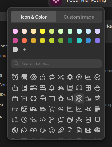 The space icon panel on the General page, open on Icon & Color, with the color palette, the icon search field and the list of icons.