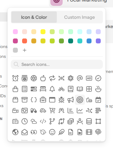 The space icon panel on the General page, open on Icon & Color, with the color palette, the icon search field and the list of icons.
