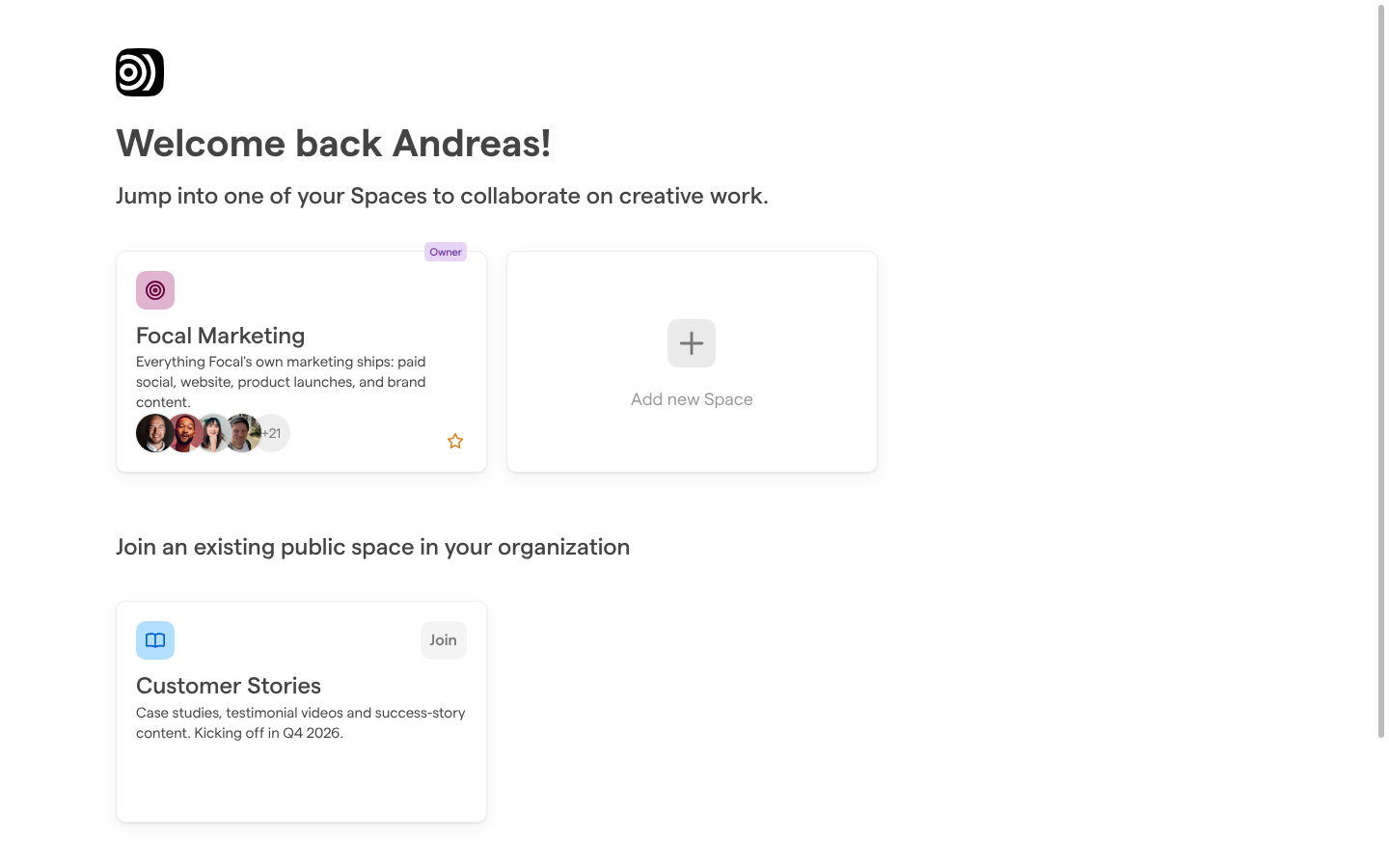 The Focal home page, with the Focal Marketing space card and, below it, the public space Customer Stories under Join an existing public space in your organization.