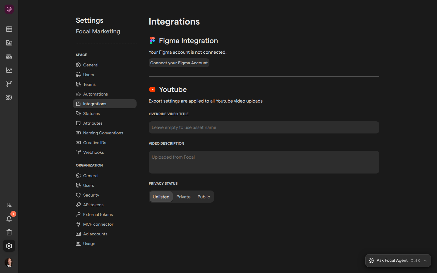 The Integrations page of Space Settings for the Focal Marketing space, with the Figma Integration section not connected and the Youtube export settings below it.