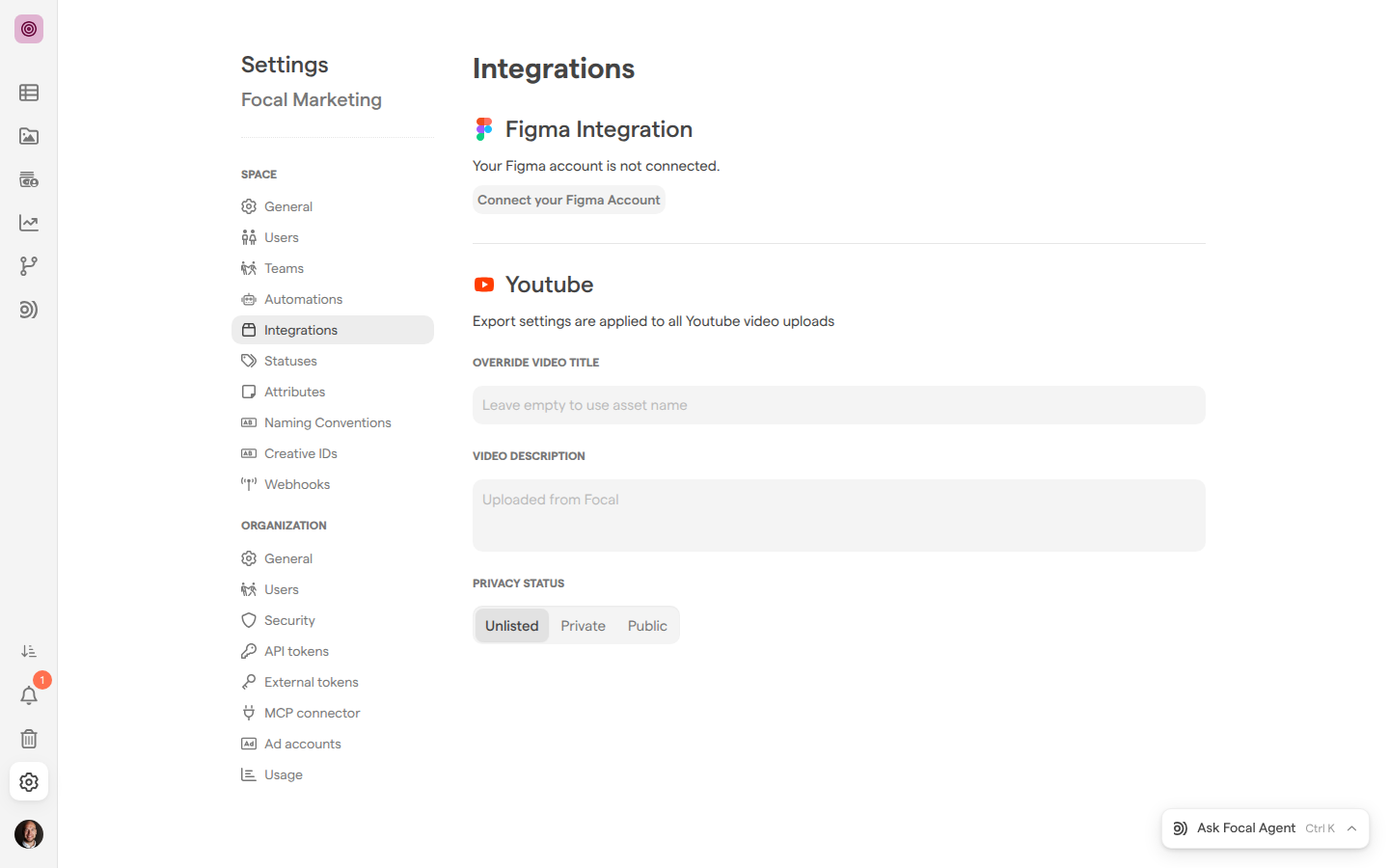 The Integrations page of Space Settings for the Focal Marketing space, with the Figma Integration section not connected and the Youtube export settings below it.