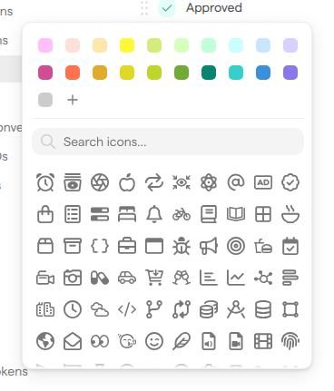 The icon panel of the Approved status, with the color palette, the Search icons field and the list of icons.