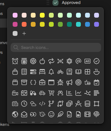 The icon panel of the Approved status, with the color palette, the Search icons field and the list of icons.