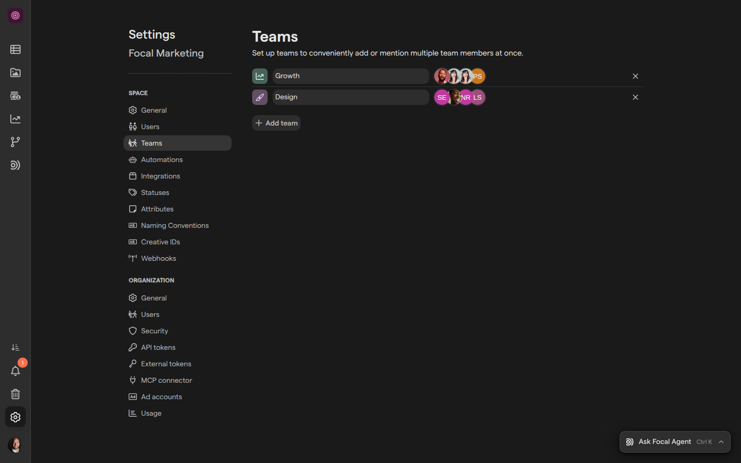 The Teams page of the Focal Marketing space settings, listing the Growth and Design teams, each with its icon, name and members’ avatars.