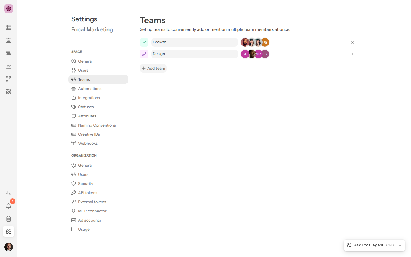 The Teams page of the Focal Marketing space settings, listing the Growth and Design teams, each with its icon, name and members’ avatars.
