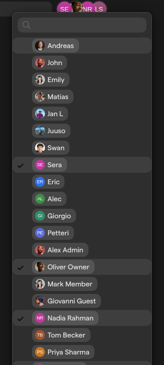 The member list of the Design team, with a search field at the top and checkmarks next to the people in the team.