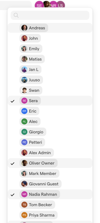 The member list of the Design team, with a search field at the top and checkmarks next to the people in the team.
