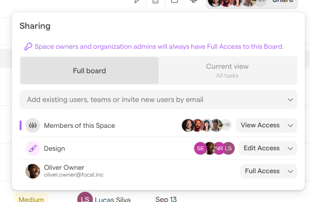 The Sharing panel of the Website refresh board on Full board, listing Members of this Space with View Access, the Design team with Edit Access and Oliver Owner with Full Access.