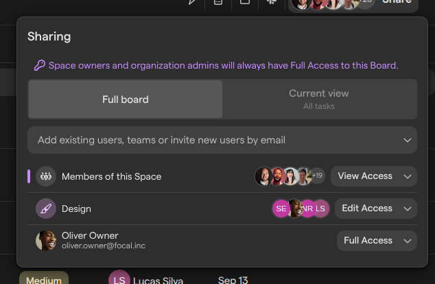 The Sharing panel of the Website refresh board on Full board, listing Members of this Space with View Access, the Design team with Edit Access and Oliver Owner with Full Access.