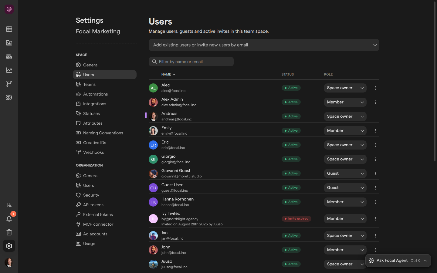 The Users page of the Focal Marketing space settings, listing people with their email, an Active or Invite expired status and a space role.