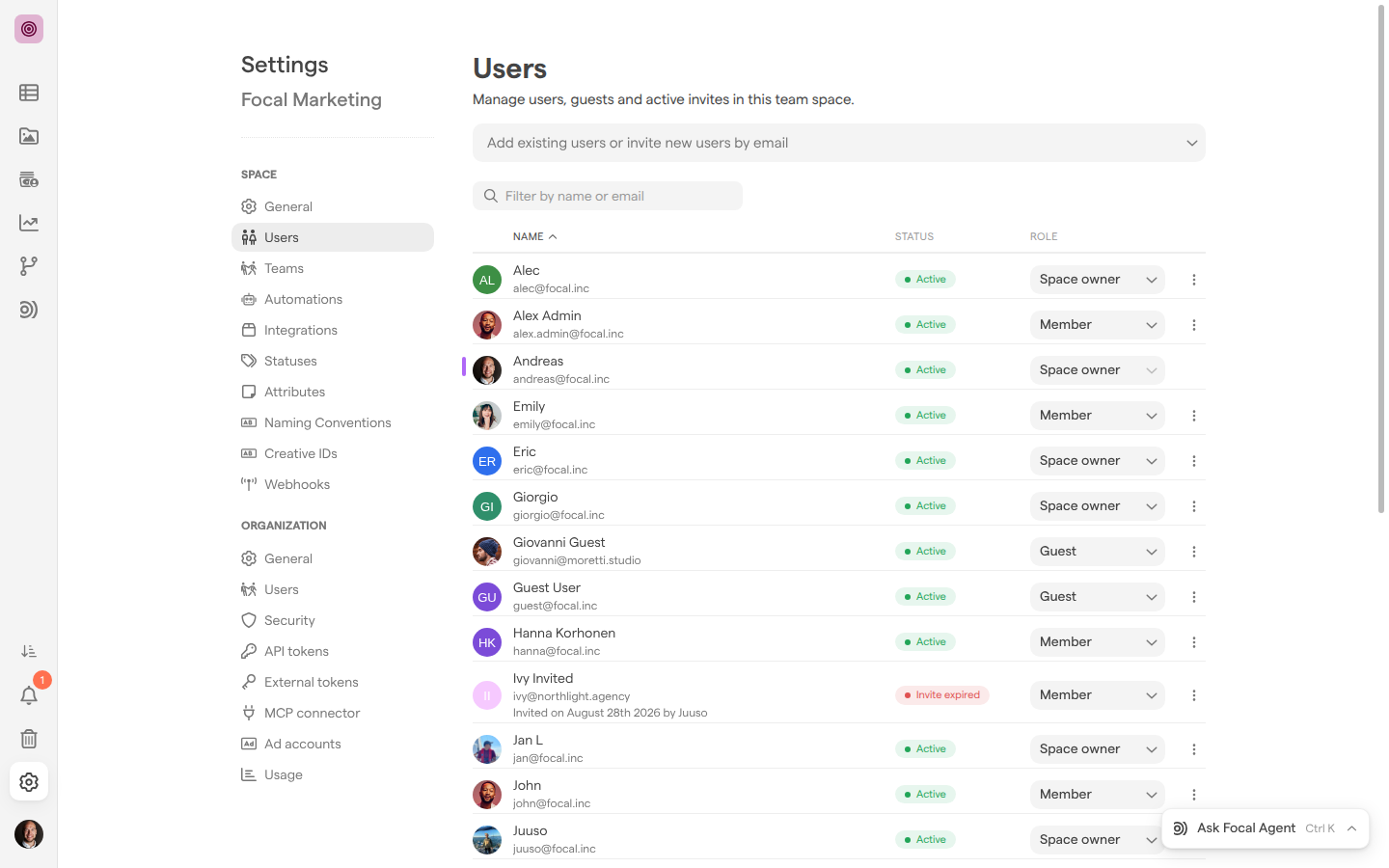 The Users page of the Focal Marketing space settings, listing people with their email, an Active or Invite expired status and a space role.