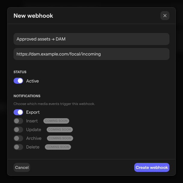 The New webhook dialog with a name and an https address filled in, and Active and Export turned on.