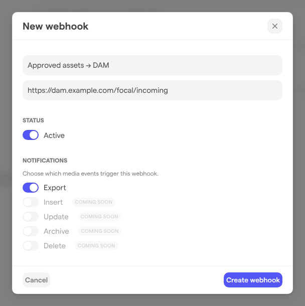 The New webhook dialog with a name and an https address filled in, and Active and Export turned on.