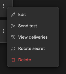 The menu of a webhook on the Webhooks page, with Edit, Send test, View deliveries, Rotate secret and Delete.