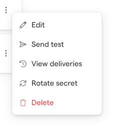 The menu of a webhook on the Webhooks page, with Edit, Send test, View deliveries, Rotate secret and Delete.
