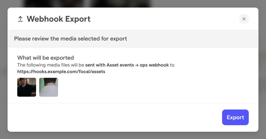 The Webhook Export dialog, saying that two video assets will be sent with the Asset events → ops webhook to its address, with an Export button.