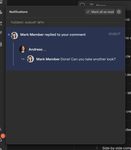The Notifications list open next to the sidebar, with Mark all as read, the gear button and one unread notification that Mark Member replied to your comment, showing the reply.