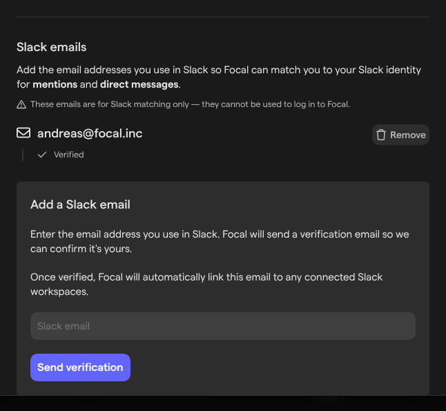 The Slack emails part of the Notifications page, with the Add a Slack email form open showing the Slack email field and the Send verification button.
