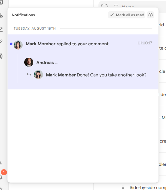 The Notifications list open next to the sidebar, with Mark all as read, the gear button and one unread notification that Mark Member replied to your comment, showing the reply.
