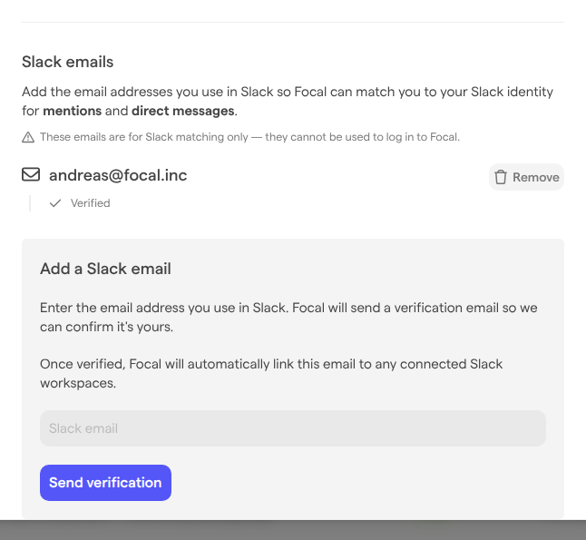 The Slack emails part of the Notifications page, with the Add a Slack email form open showing the Slack email field and the Send verification button.
