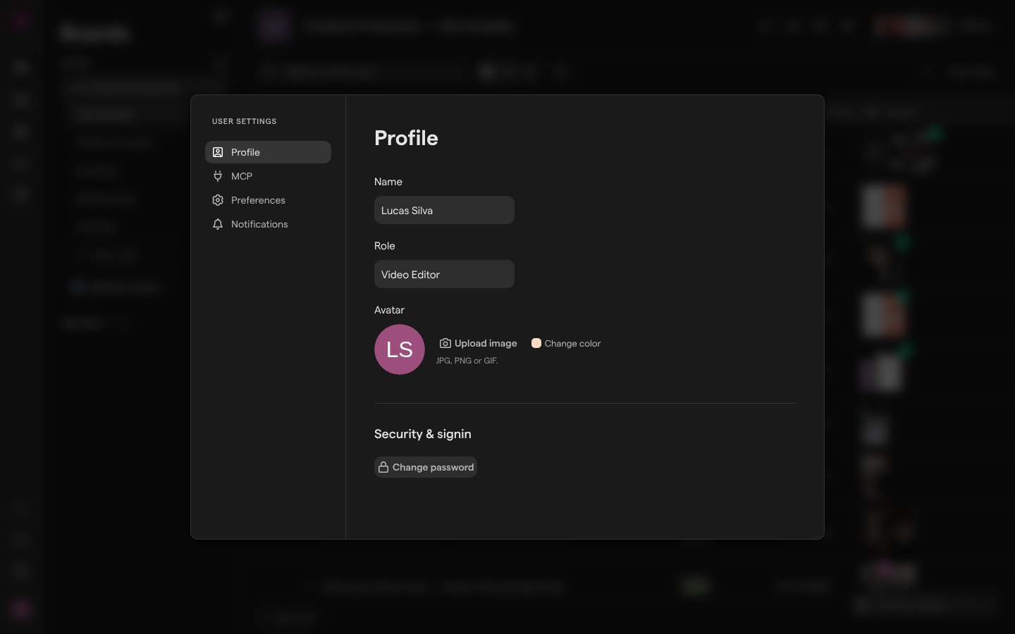 The Profile page of User Settings, with the Name field set to Lucas Silva, the Role field set to Video Editor, the default initials avatar, and the Change password button under Security & signin.
