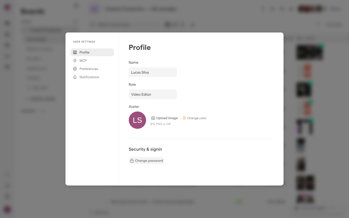 The Profile page of User Settings, with the Name field set to Lucas Silva, the Role field set to Video Editor, the default initials avatar, and the Change password button under Security & signin.